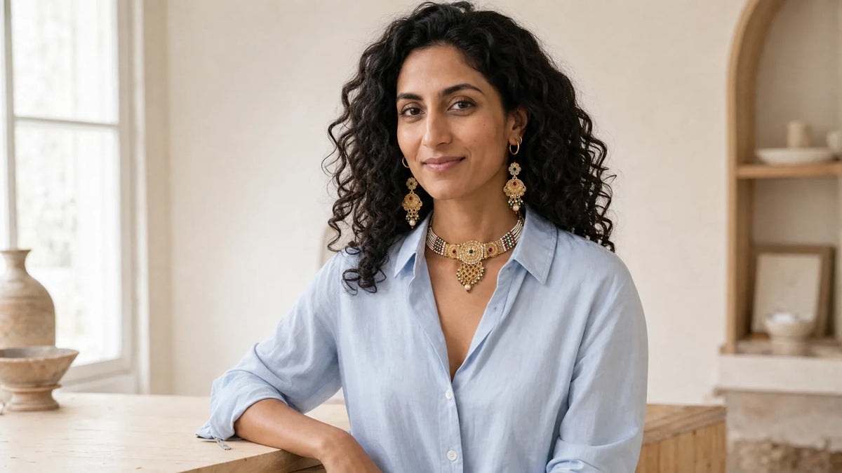 Zeya wearing 18k Gold Plated Kundan Choker Necklace Set with Earrings for Indian Jewellery Gold | The Colourful Aura