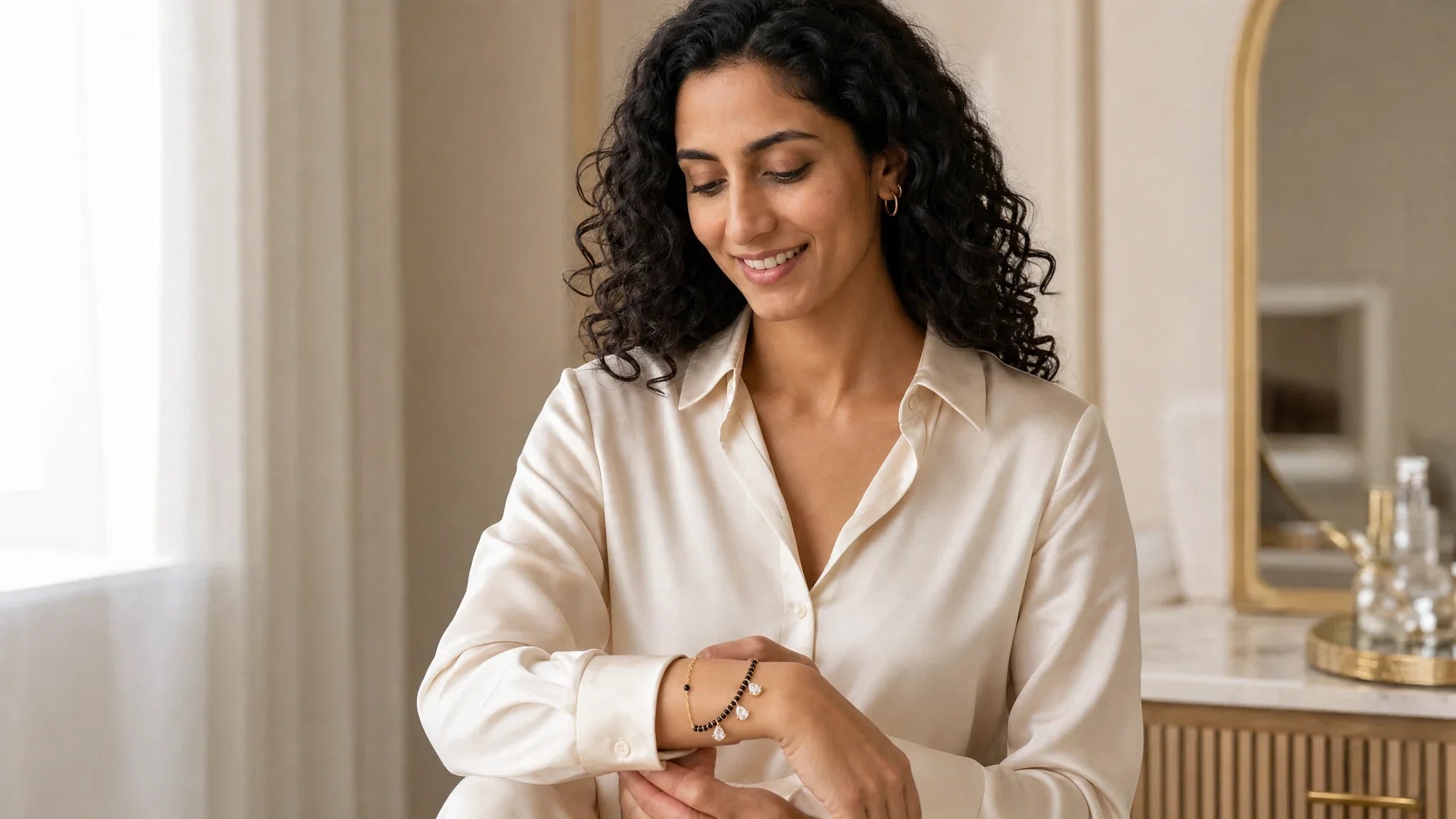 Zeya wearing Black Bead Mangalsutra Zircon drop gold nazar Bracelet for Mangalsutra Bracelet Gold: A Complete Guide | The Colourful Aura