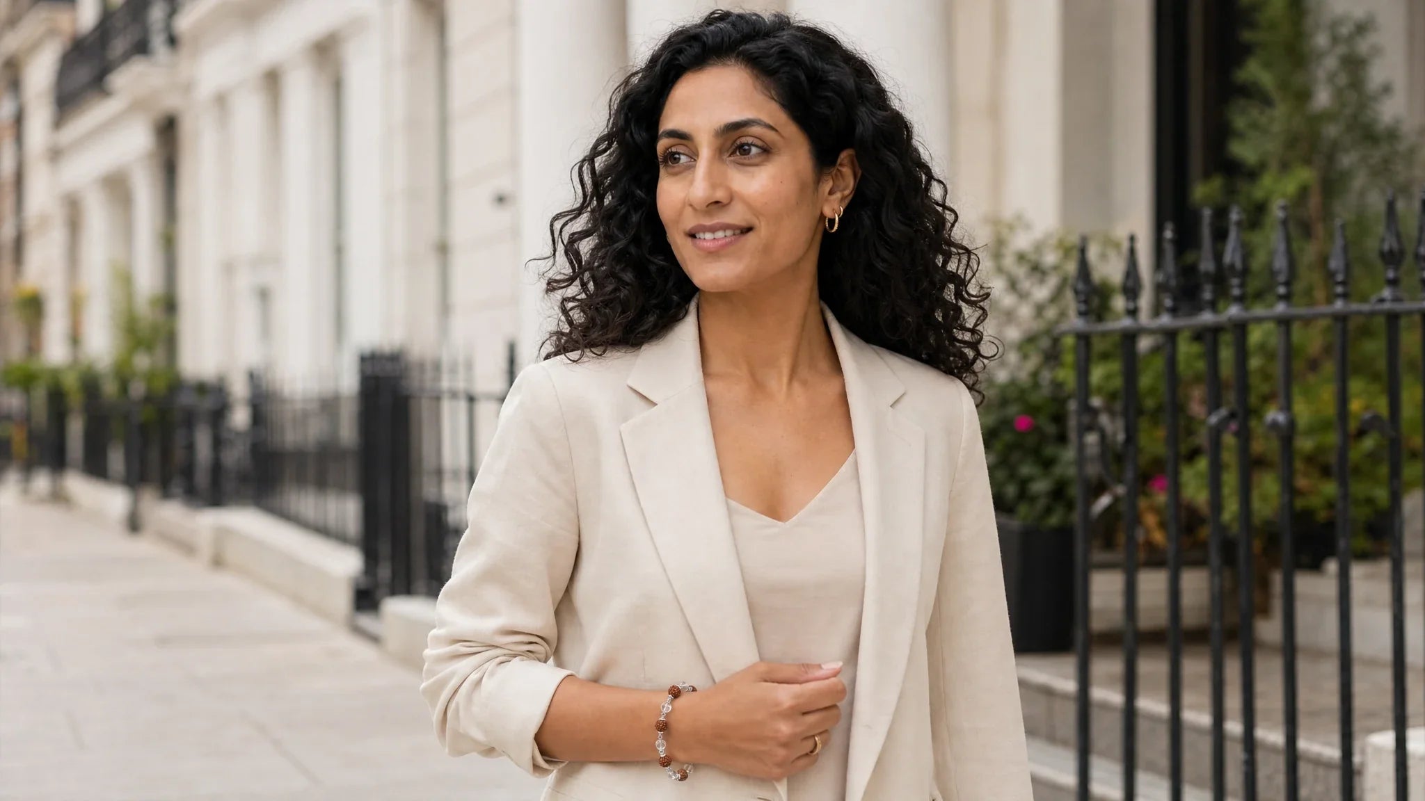 Zeya wearing Rudraksha & Crystal Quartz Bracelet | Silver Plated for Rudraksha Mala Silver: A Complete Guide | The Colourful Aura