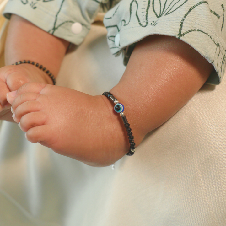Black Beaded Evil eye Kids Nazar Bracelet in Silver