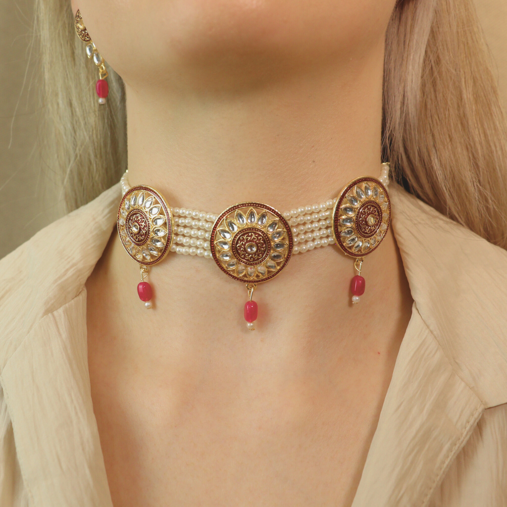 Red Round Kundan Ethnic Pearl Bridal Victorian Choker Set