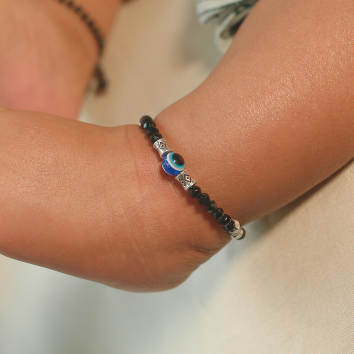 Silver Evil Eye Black Beaded Kids Indian Nazaria Bracelet