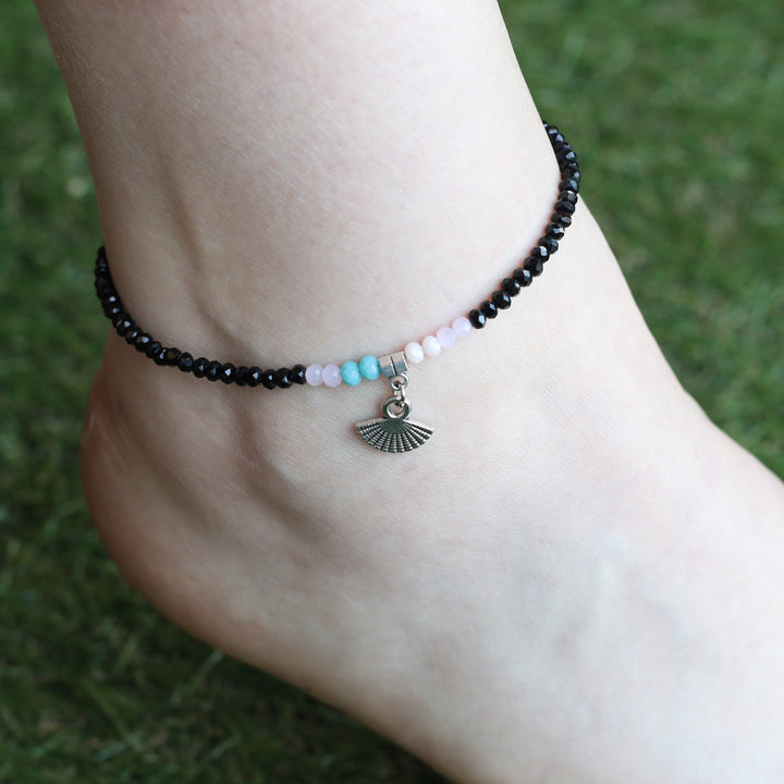 Black beaded turquoise fan charm dangle slim anklet