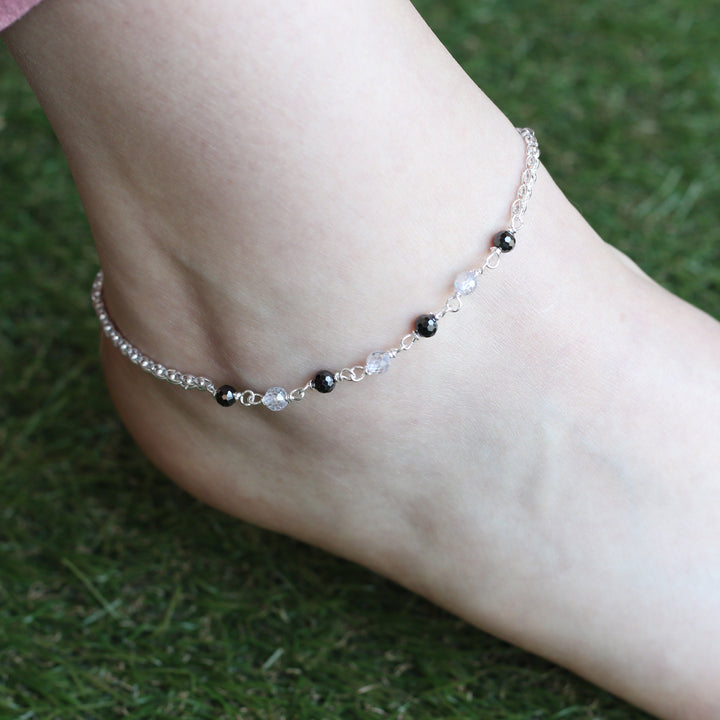 Sterling Silver black beaded Summer Indie Boho Indian Payal Anklet