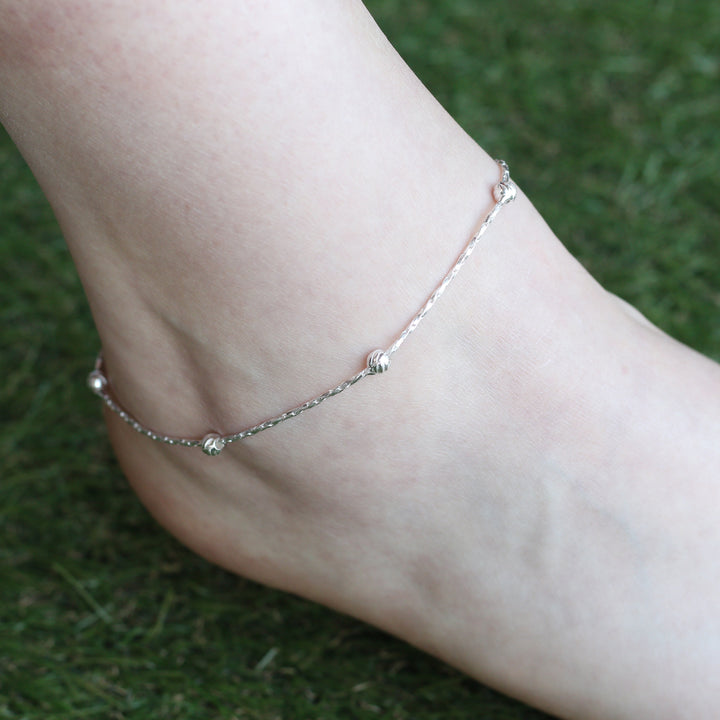 Pure Silver Five Ball Plain Thin Rope Chain Asian Indian Payal Anklet