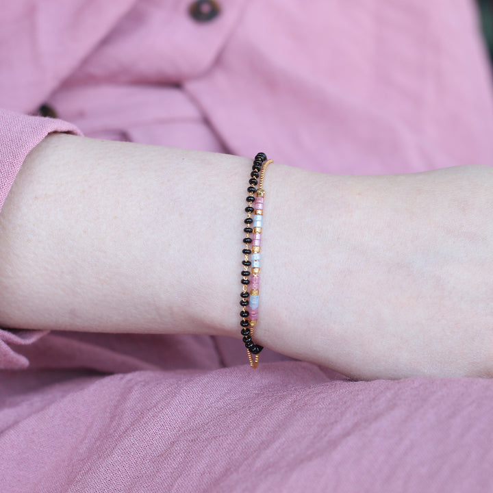 Two layer Black Beaded Plain Unisex Mangalsutra Bracelet