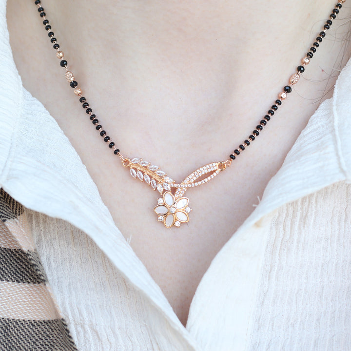 Indian Nazaria Rose Gold Zircon Mangalsutra Black Beads Pendant Necklace