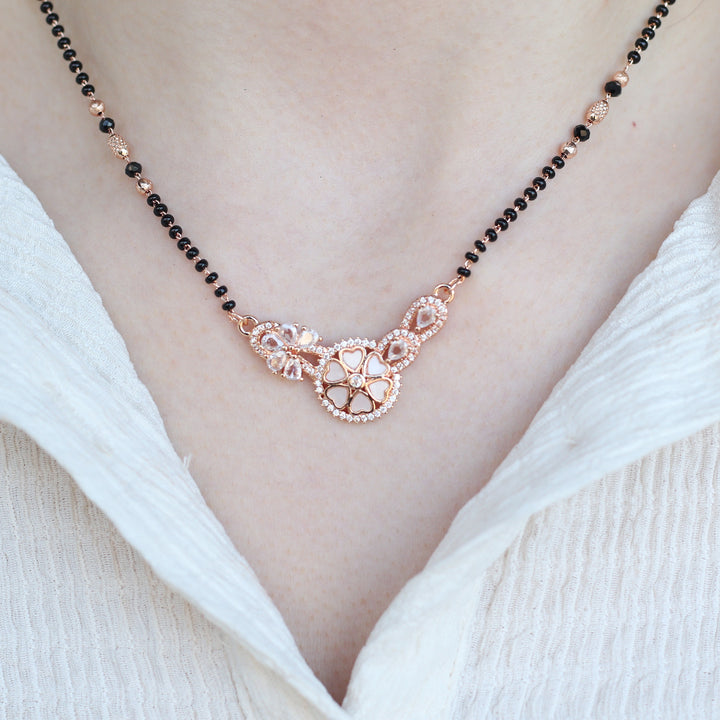 Indian Nazarian Floral Rose Gold Zircon Mangalsutra Black Beads Pendant Necklace