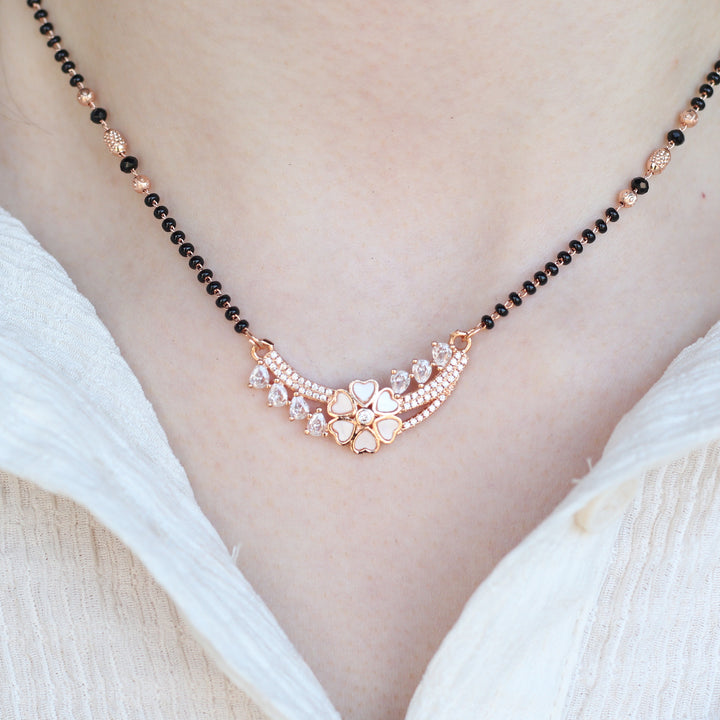 Indian Nazarian Floral Rose Gold Zircon Mangalsutra Black Beads Pendant Necklace
