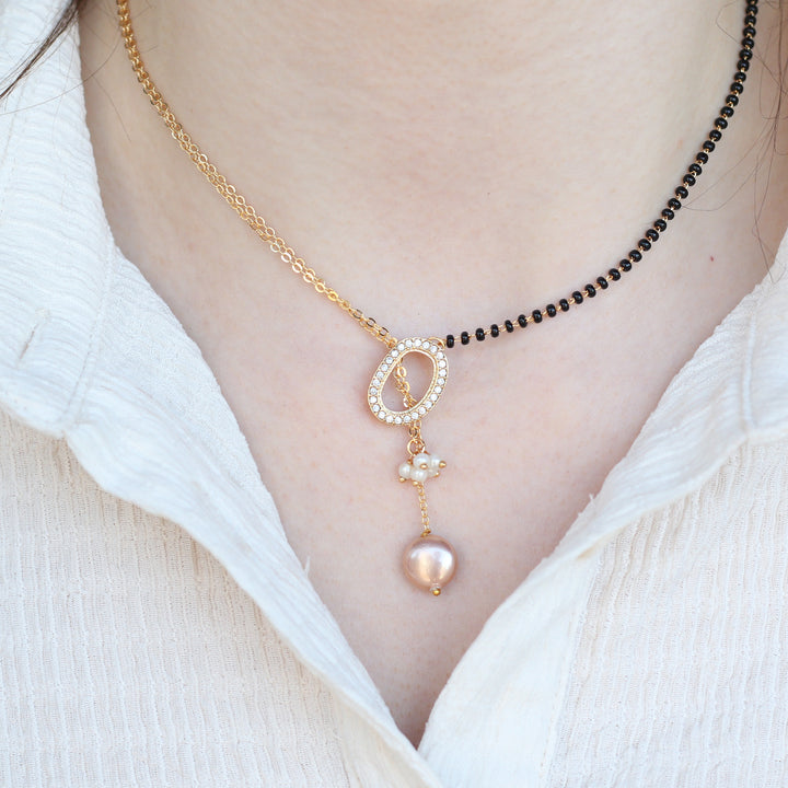 Half Black Bead Gold plated Oval Pearl Y shape Lariat Mangalsutra