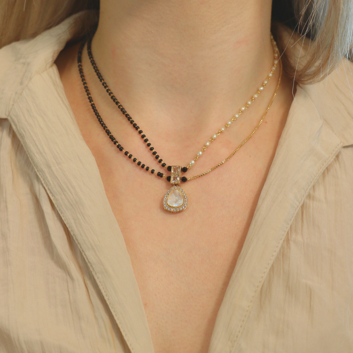 Two Layer Black White Pearl Zircon Tear Drop Mangalsutra Pendant