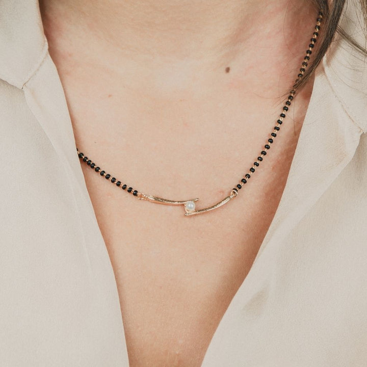 Asian Gold Plated Black Bead White Pearl Slim Mangalsutra Nazaria Necklace