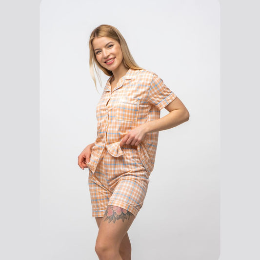Orange and White Checkered Soft Cotton Night Suit Nightwear Women's Payjama Set