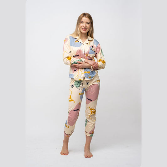 Dog Paw Printed Soft Long Sleeve Night Suit Women's Silk Sleepwear Pyjama Set