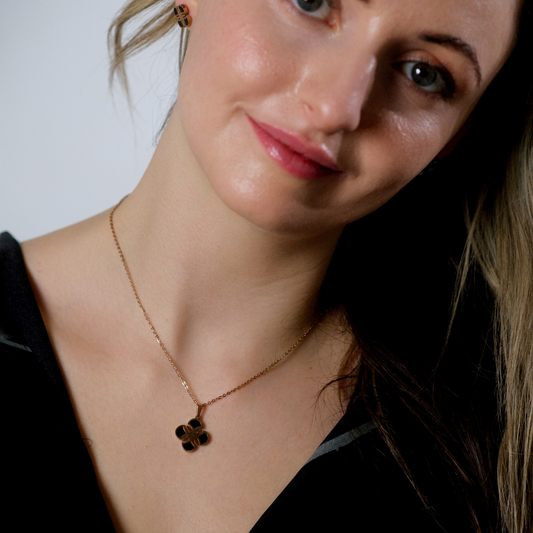 Black Enamel Minimalistic Clover Pendant Necklace and Earring Set