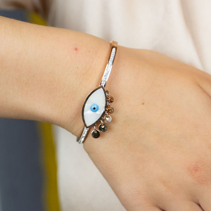 Evil Eye White Enamel Sequin Dangle 18ct Plated Rose Gold Arm Bangle Bracelet