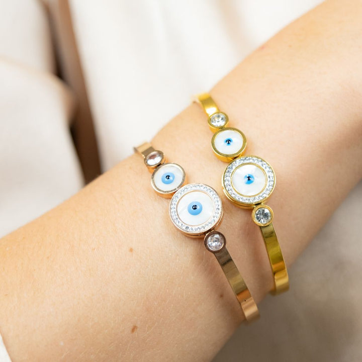Evil Eye Round Brass White Enamel Gold Zircon Armlet Bangle Bracelet