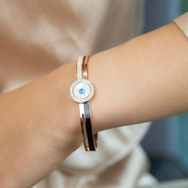 Large Evil Eye Round White Enamel 18ct Plated Gold Zircon Open Bangle Bracelet