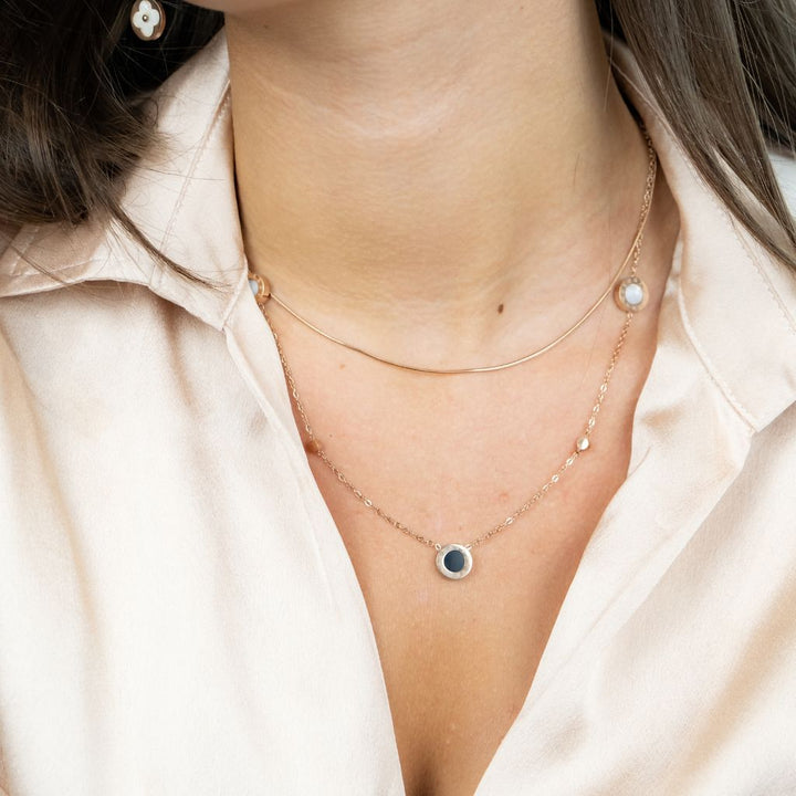 Dual Layer Round Multi-string Black White Roman Charm Pendant Necklace