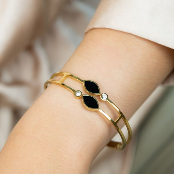 Two Black Leaf Zircon Gold Lightweight Minimalist Stacking Bangle Bracelet