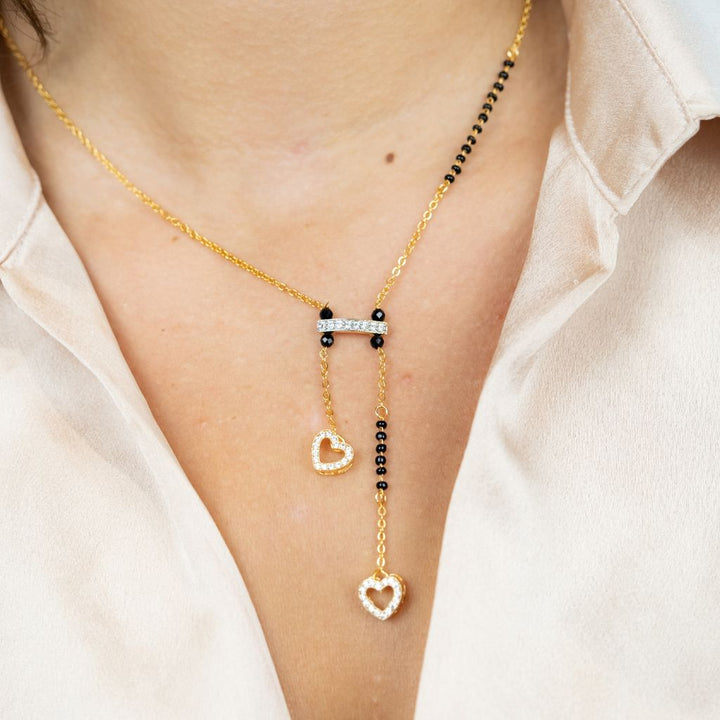 Black Beaded Zircon Heart Shape 18ct Gold Plated Asian Mangalsutra Pendant Necklace