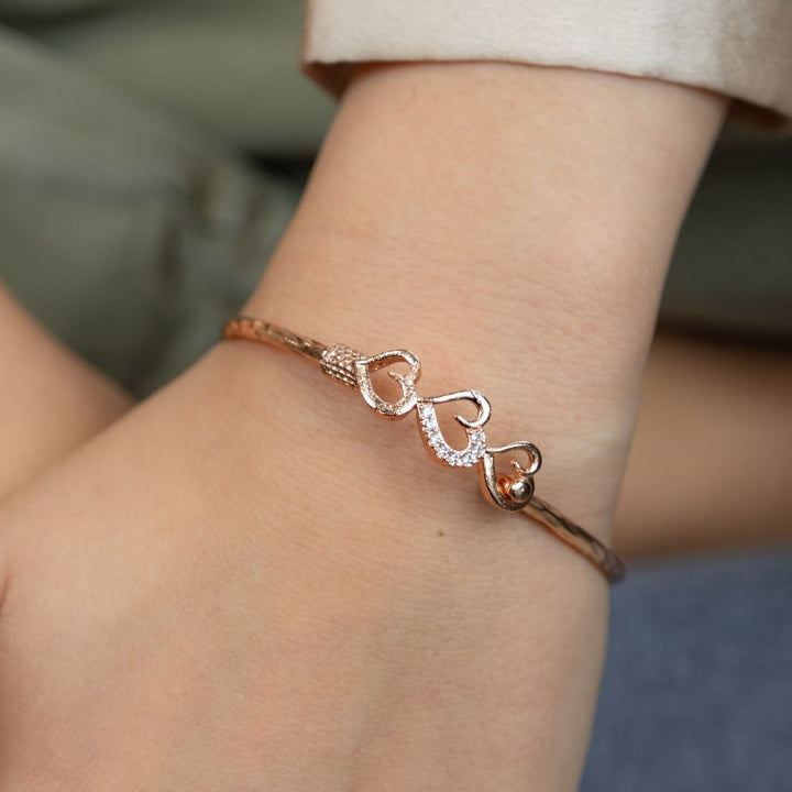 Three Heart Zircon Love Couple Cuff Slim Lightweight Stacking Bangle Bracelet