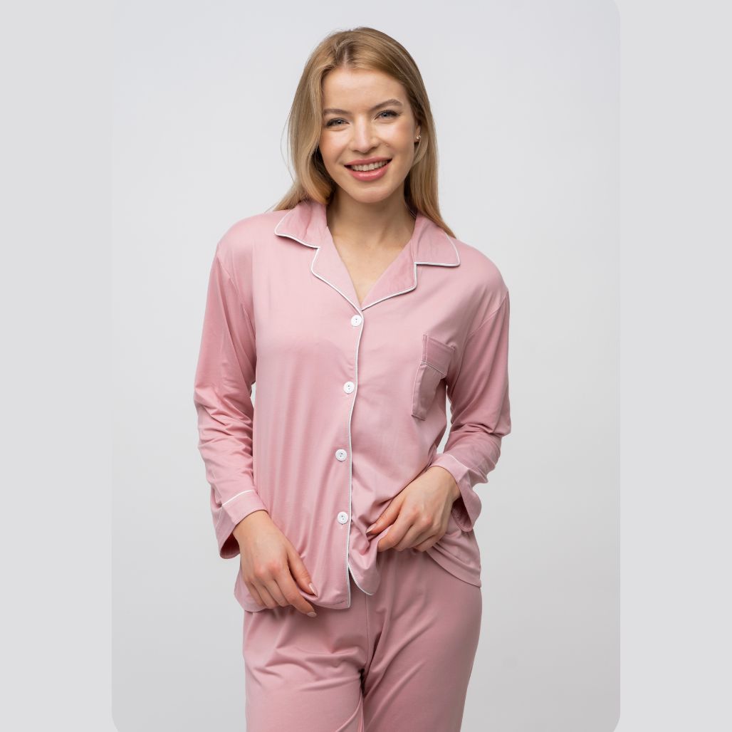 Pink Plain Soft Cotton Long Sleeve Night Suit Women's Silk Sleepwear P –  The Colourful Aura