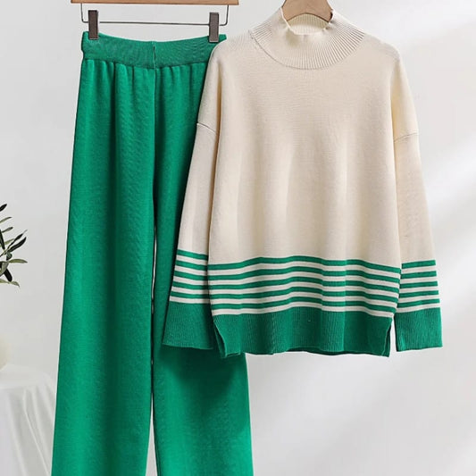 Green White Free Size Long Sleeve Knitted Casual Leg Pant Women's Co-ord Set