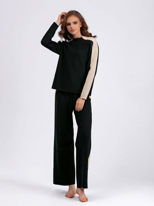 Mock Neck Black Knitted Free Size Long Sleeve Casual Women's Co-ord Set