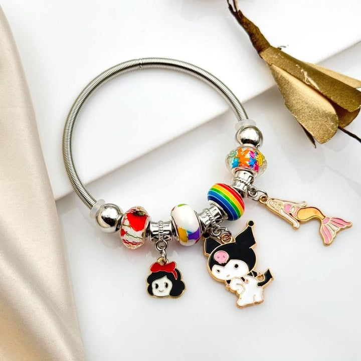 Cartoon Charm Dangle Silver Enamel Bangle Bracelet
