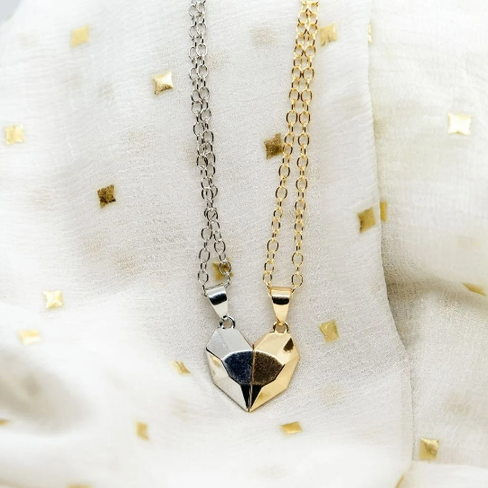 2 Pcs Heart Magnetic Silver Gold Couple Relationship Matching Pendant Necklace