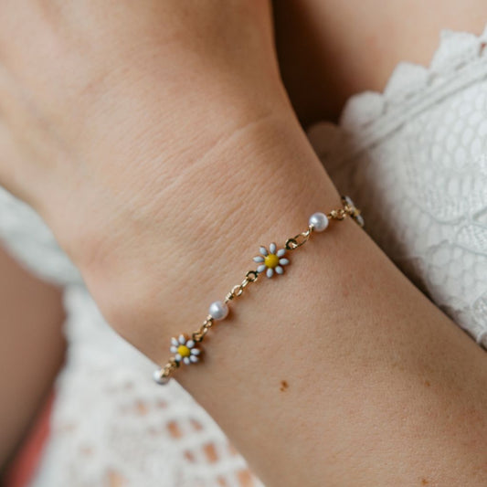 Silver Sun Flower Pearl Charms Beaded Summer Indie Boho Daisy Floral Bracelet