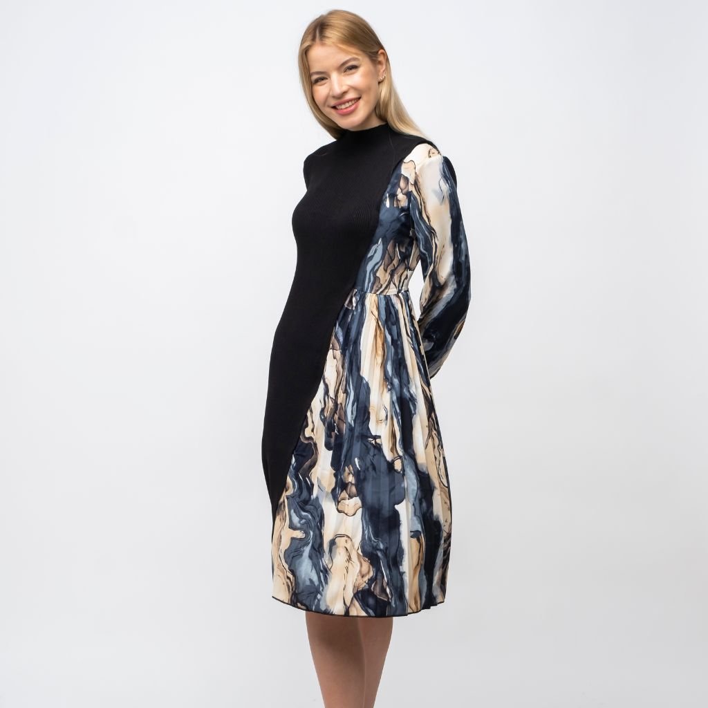 Autumn Vintage Knit Colourful Contrast Patchwork Long Sleeve A line Flare Dress