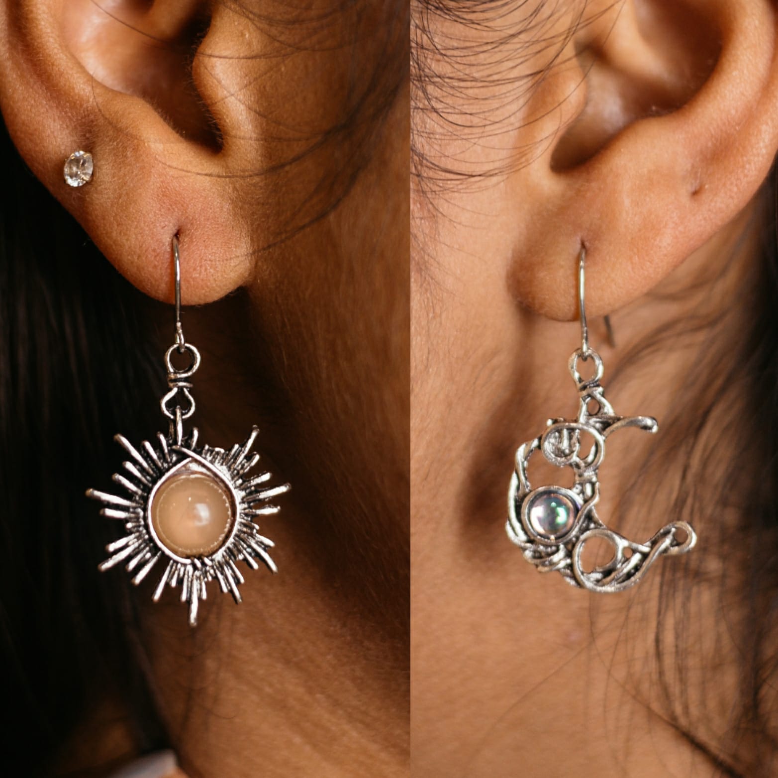 Sun and Half Moon Moonstone Wire Wrapped Boho Dangle Drop Hook Earring –  The Colourful Aura