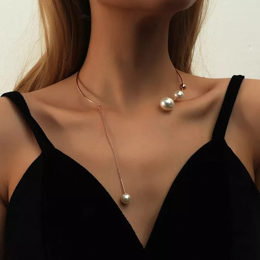 Big White Imitation Collarbone White Round Pearl Round Tassel Choker Necklace