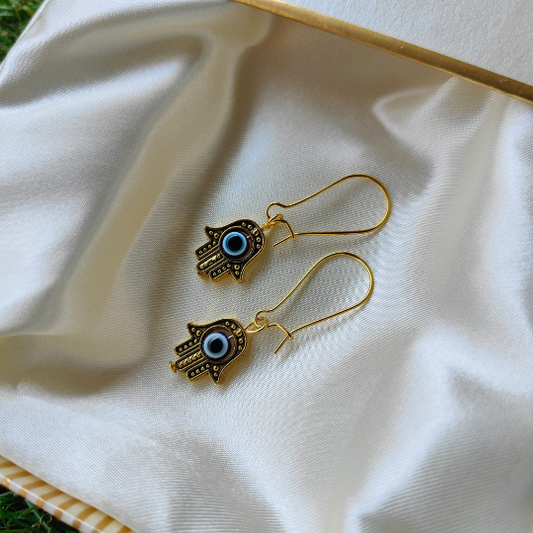 Long Gold Evil Eye Fatima Hamsa Hand Huggie Latch Back Protection Dainty Earring