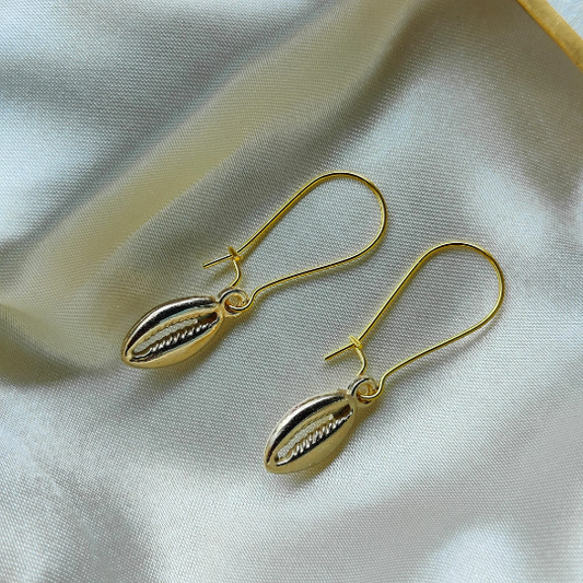 Long Gold Plated Cowrie Sea Shell Beach Mermaid Boho Latch Dainty Earrings