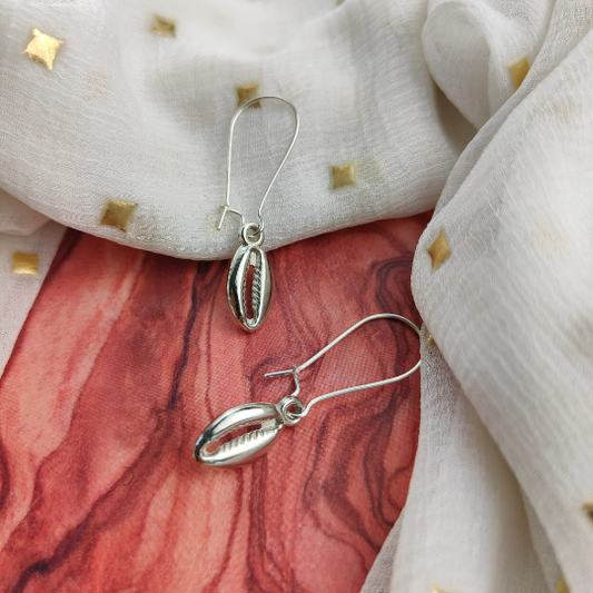 Long Silver Cowrie Sea Shell Charm Mermaid Beach Boho Dangle Dainty Earrings