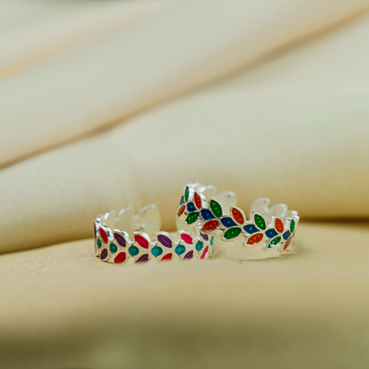 Colourful Adjustable Pure Silver Leaf Band Bohemian Foot Toe Ring