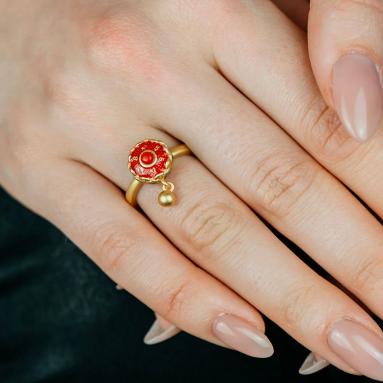 Gold Plated Adjustable Buddhist Tibetan Enamel Spinner Prayer Ring