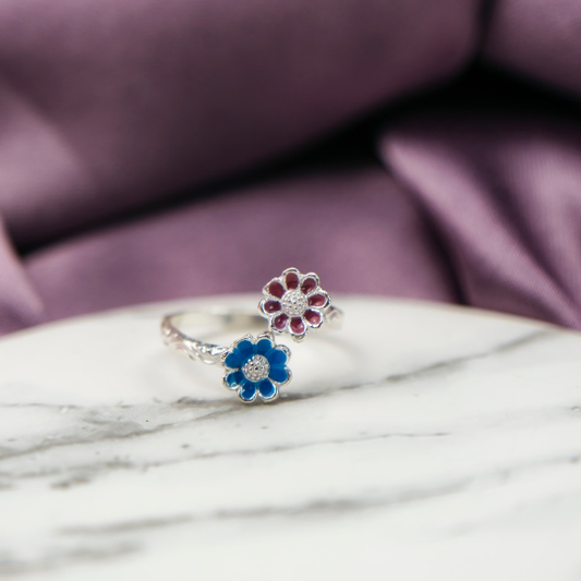 Sterling Silver Blue Pink Tiny Sunflower Daisy Floral Summer Ring