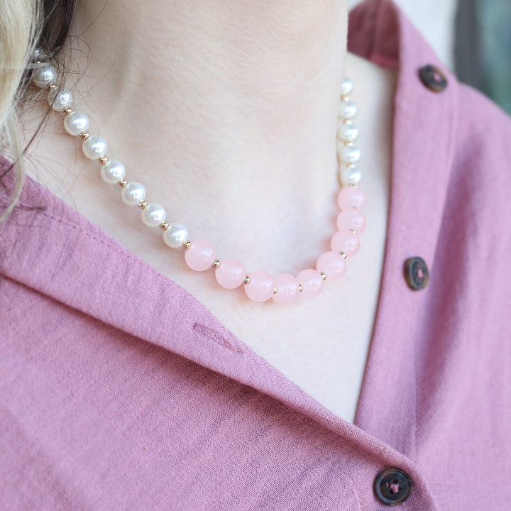 Large Ivory and Pink Round Pearl Bridesmaid Statement Choker Necklace — Elegant Bridal and Special Occasion Style