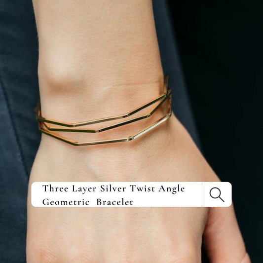 Adjustable Three Layer Silver Twist Angle Geometric Open Cuff Bangle Bracelet