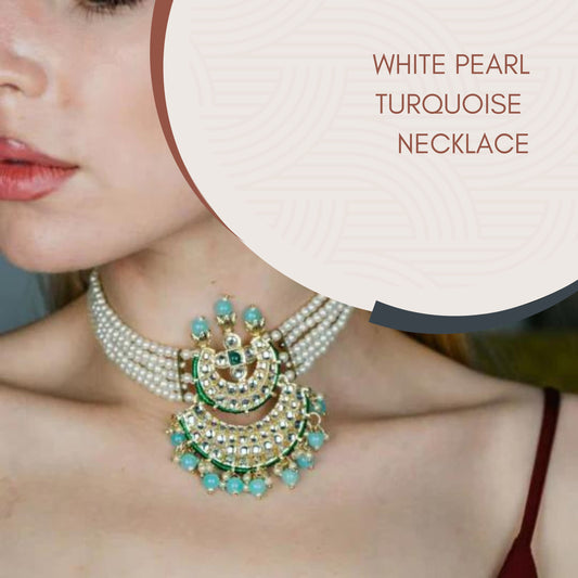 White Pearl Turquoise Stone Dangle Diana Choker Bridal Kundan Ethnic Necklace