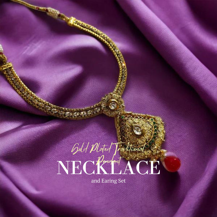 Indian Ethnic Elegance: Gold-Plated Traditional Wedding Pendant Necklace and Earring Set