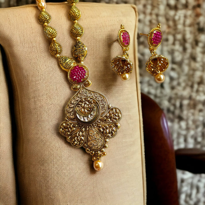 Indian Ethnic Elegance: Gold-Plated Traditional Wedding Pendant Necklace and Earring Set