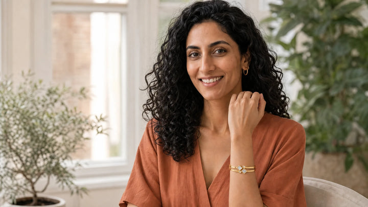 Zeya wearing 18k Gold Plated Double Band Clover Bangle Bracelet for Bangles Band: Buying, Styling and Care Tips | The Colourful Aura