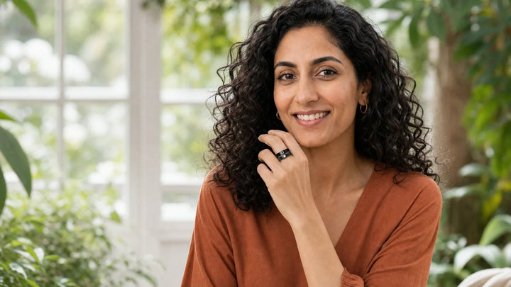 Zeya wearing Black Band Matching Couple Moon and Sun Promise Ring set for Matching Couple Rings Black And Green Titanium: A Complete Guide | The Colourful Aura