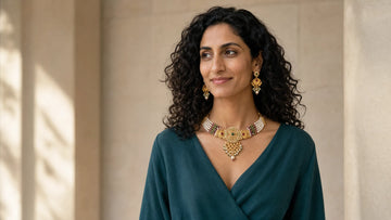 Zeya wearing 18k Gold Plated Kundan Choker Necklace Set with Earrings for Pearl Jewellery Set: How to Choose and Wear It | The Colourful Aura