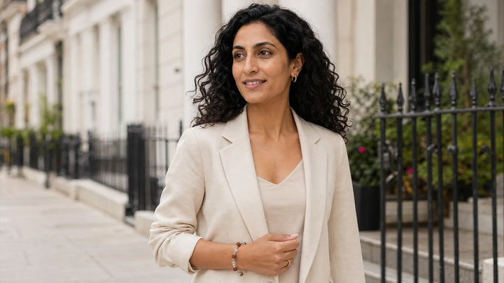 Zeya wearing Rudraksha & Crystal Quartz Bracelet | Silver Plated for Rudraksha Mala Silver: A Complete Guide | The Colourful Aura